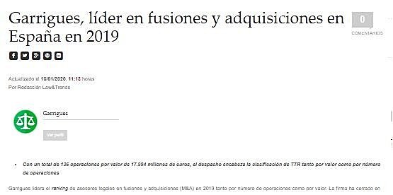Garrigues, lder en fusiones y adquisiciones en Espaa en 2019